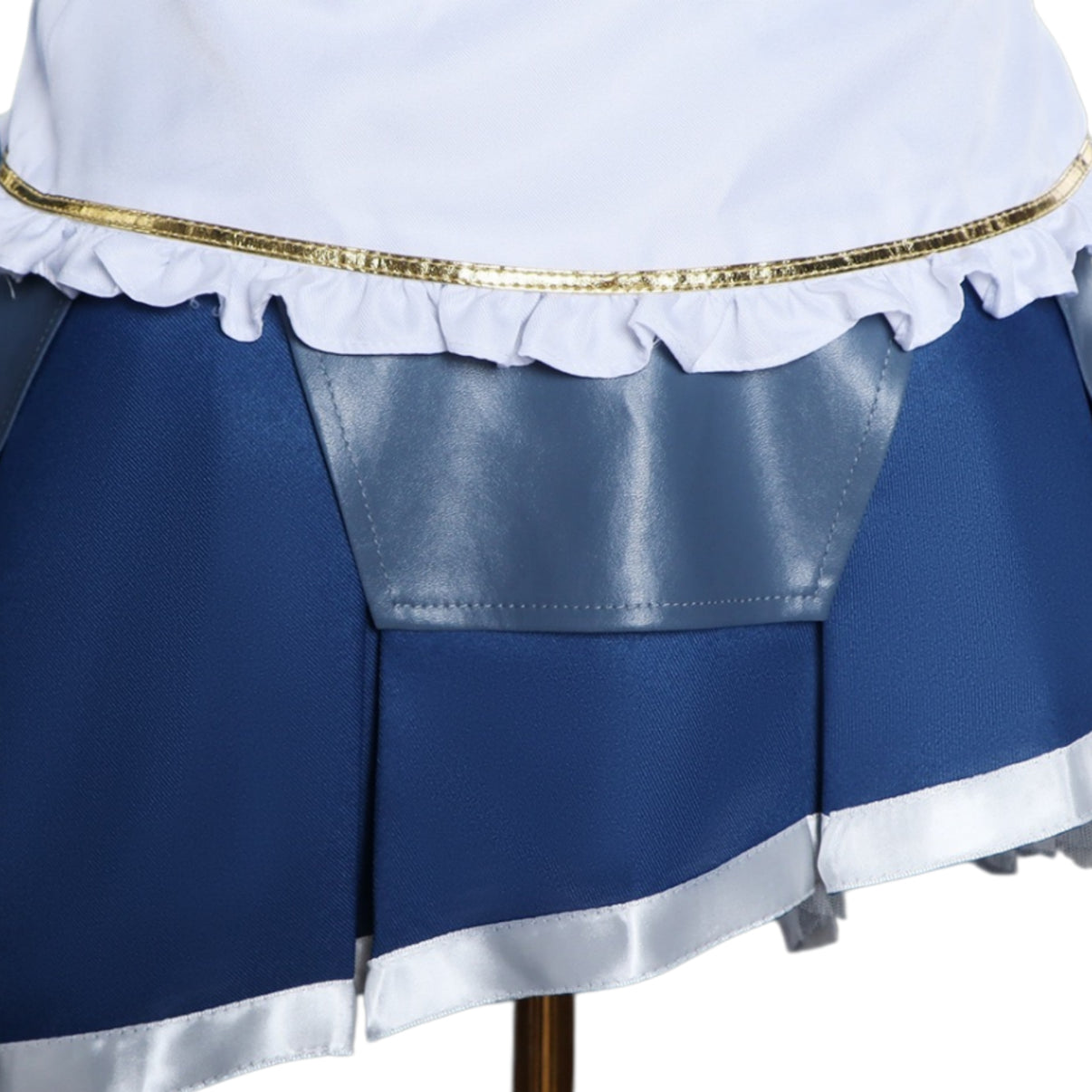 close up sayaka miki blue pleated skirt gold trim white ruffle detail madoka magica cosplay
