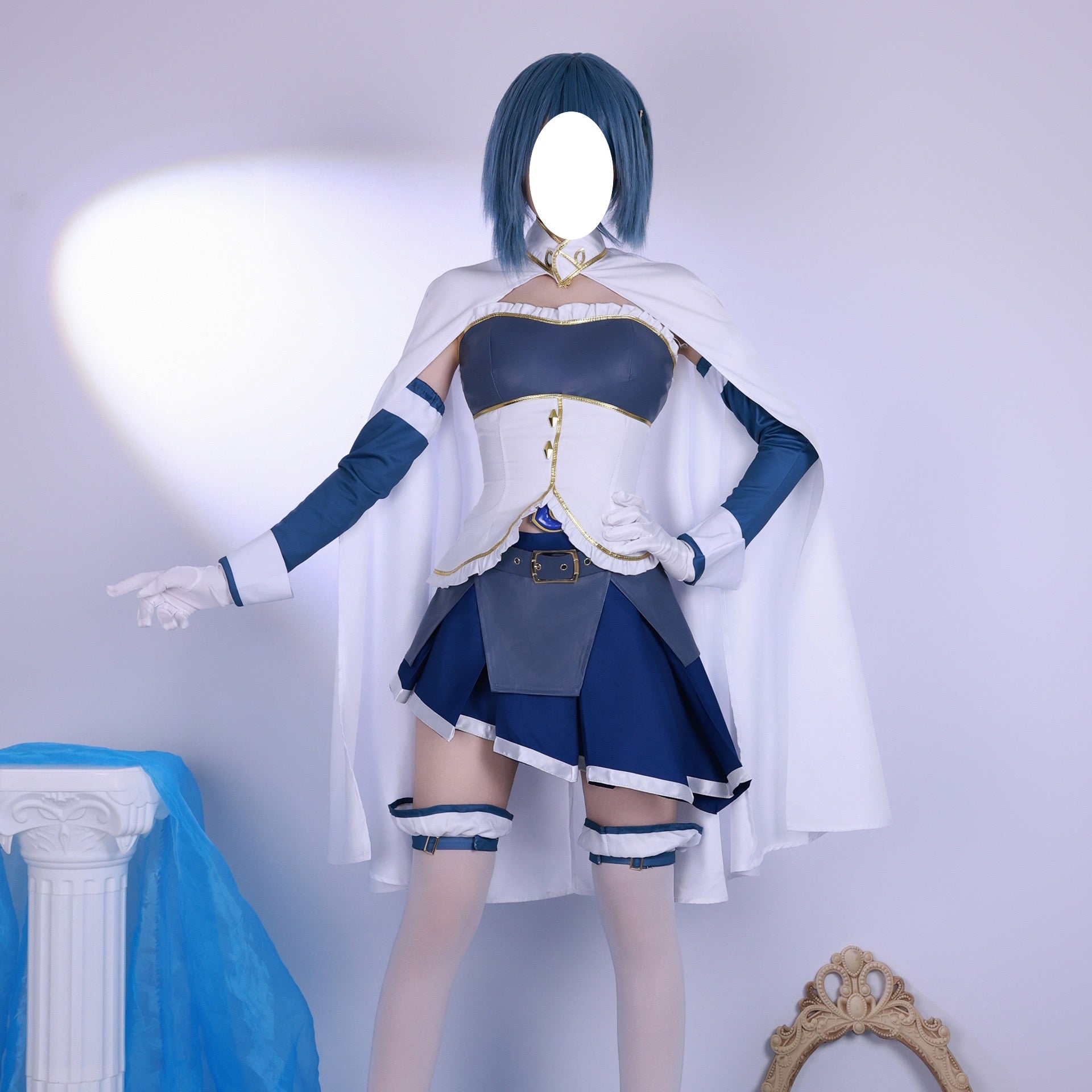 model wearing sayaka miki cosplay full set white cape blue dress belt gloves leggings blue short wig madoka magica