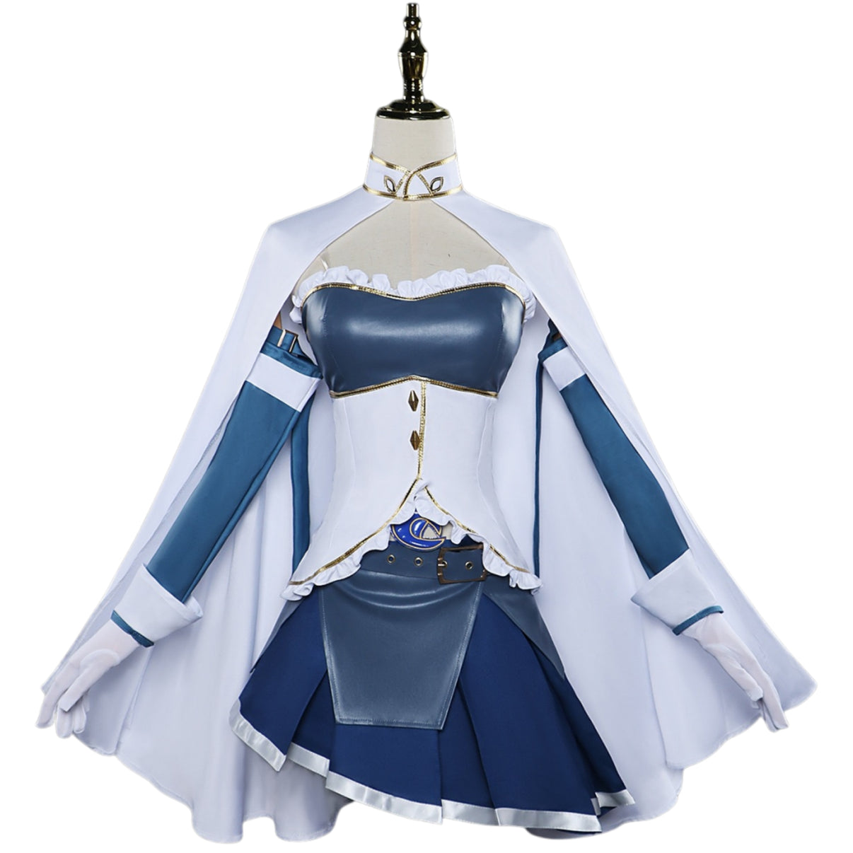 front view sayaka miki puella magi madoka magica cosplay white shawl blue dress full outfit