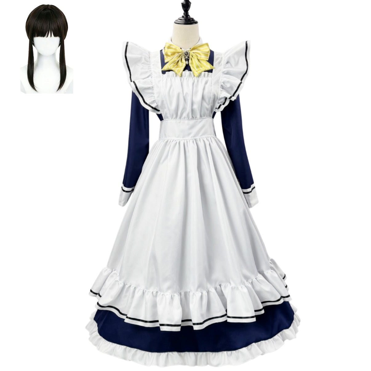 complete shiki natsume navy maid costume matching black twin tail wig mannequin front shot white ruffle apron
