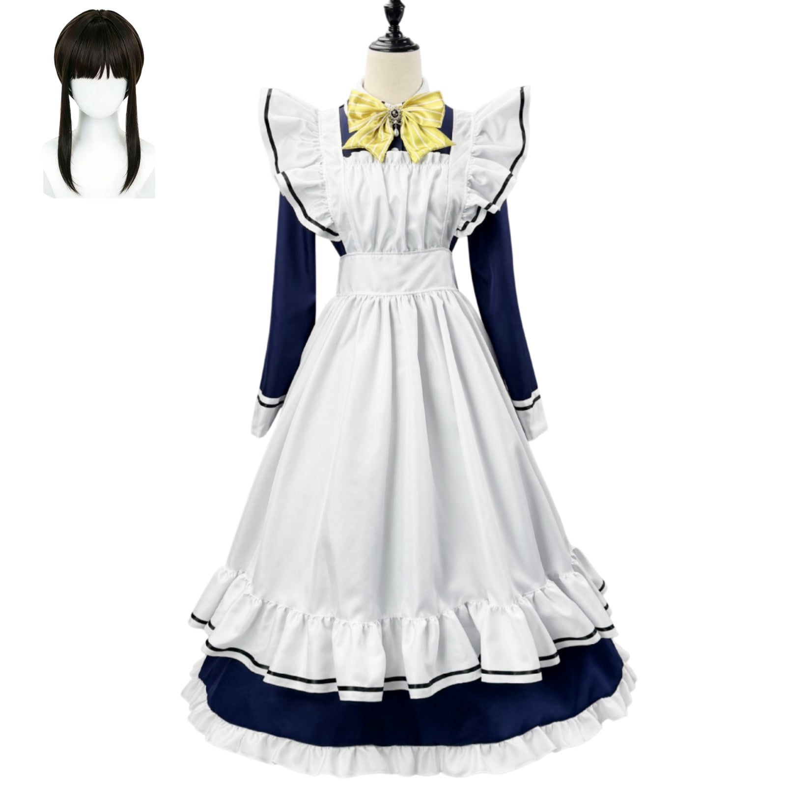 complete shiki natsume navy maid costume matching black twin tail wig mannequin front shot white ruffle apron