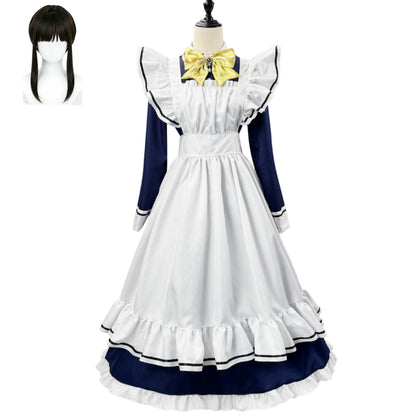 complete shiki natsume navy maid costume matching black twin tail wig mannequin front shot white ruffle apron