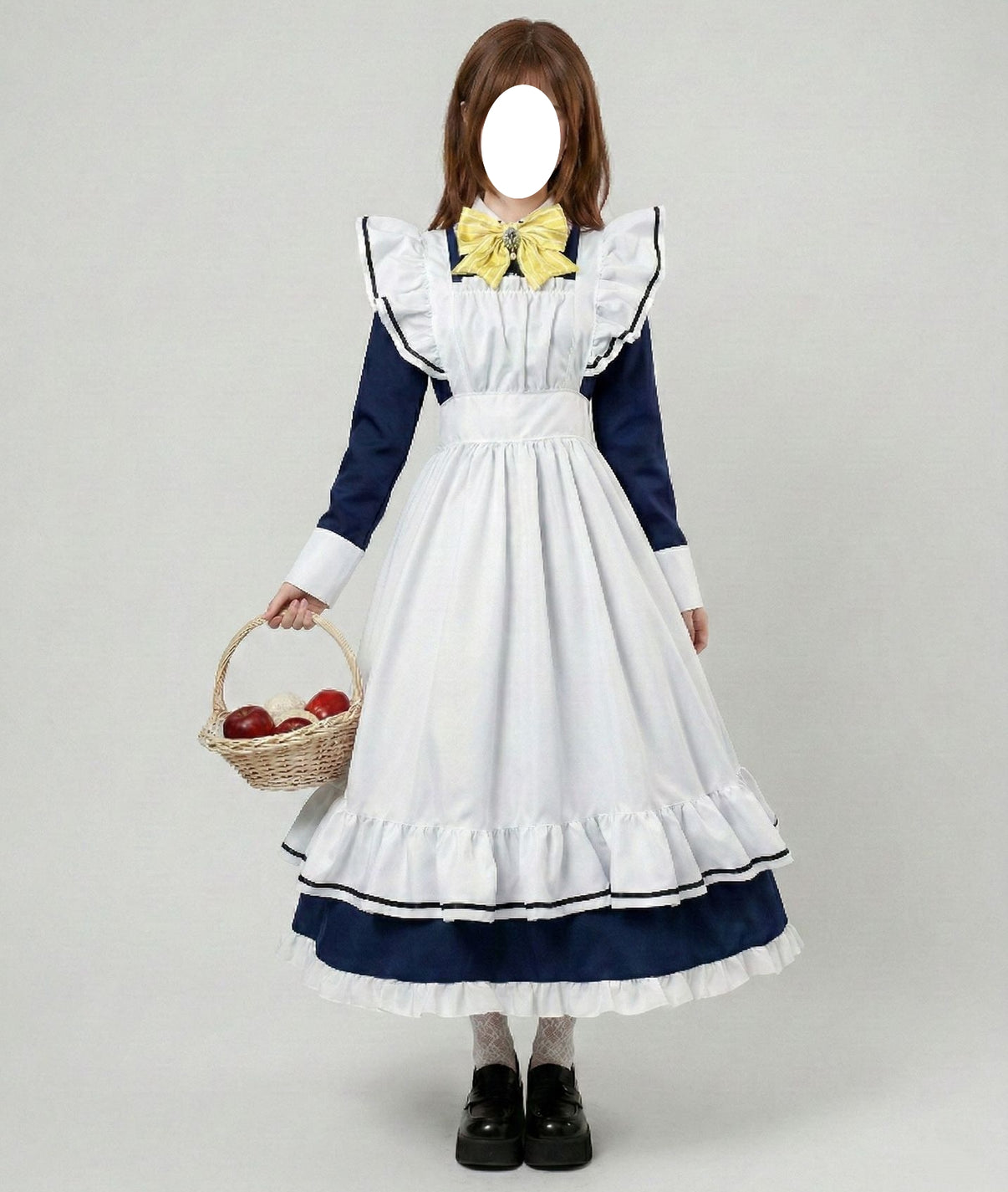 female model holding wicker basket navy blue long maid dress white frilled apron yellow bow tie shiki natsume outfit