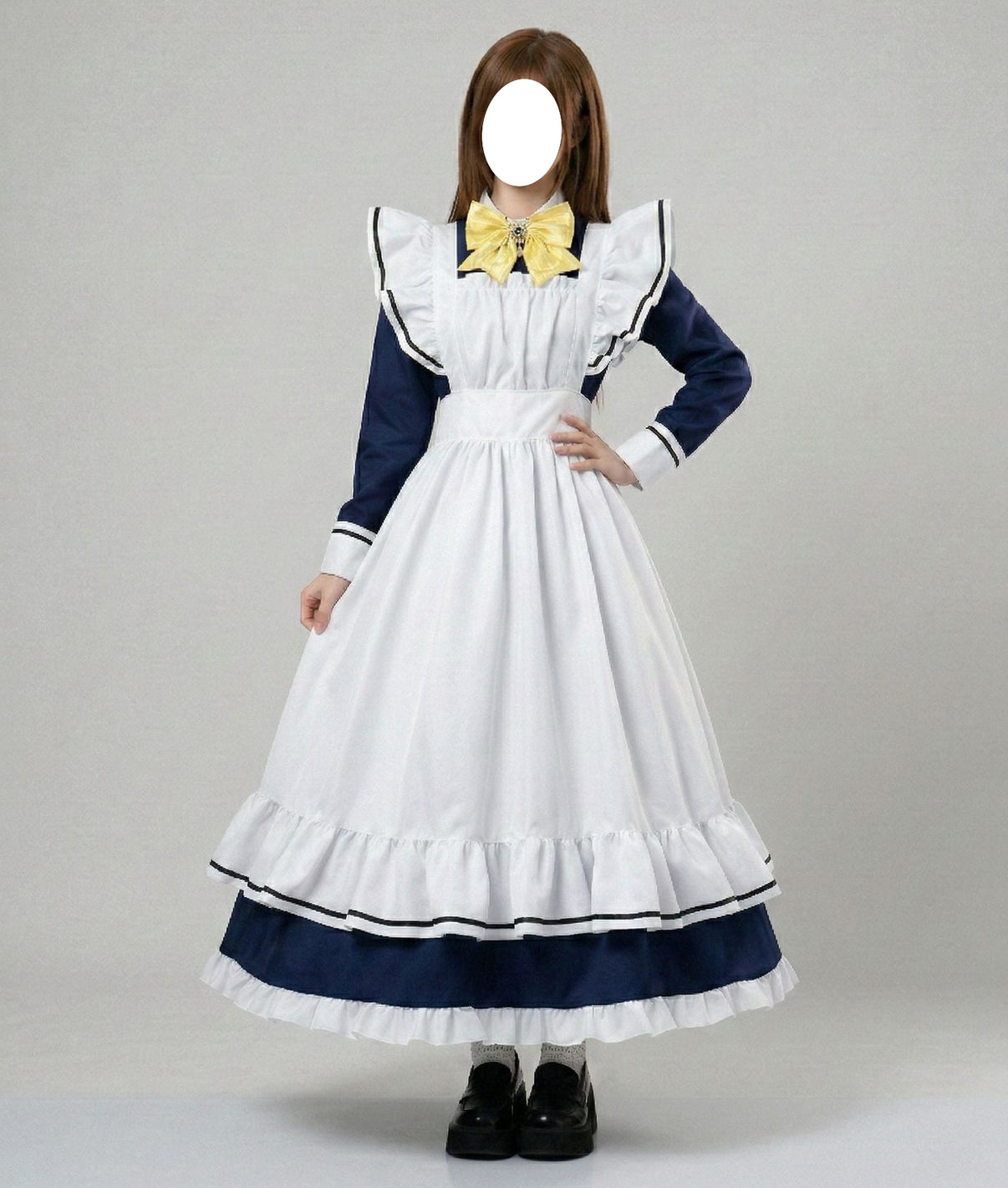 full front model shot navy long sleeve maid dress white ruffle apron yellow bow shiki natsume anime cosplay costume
