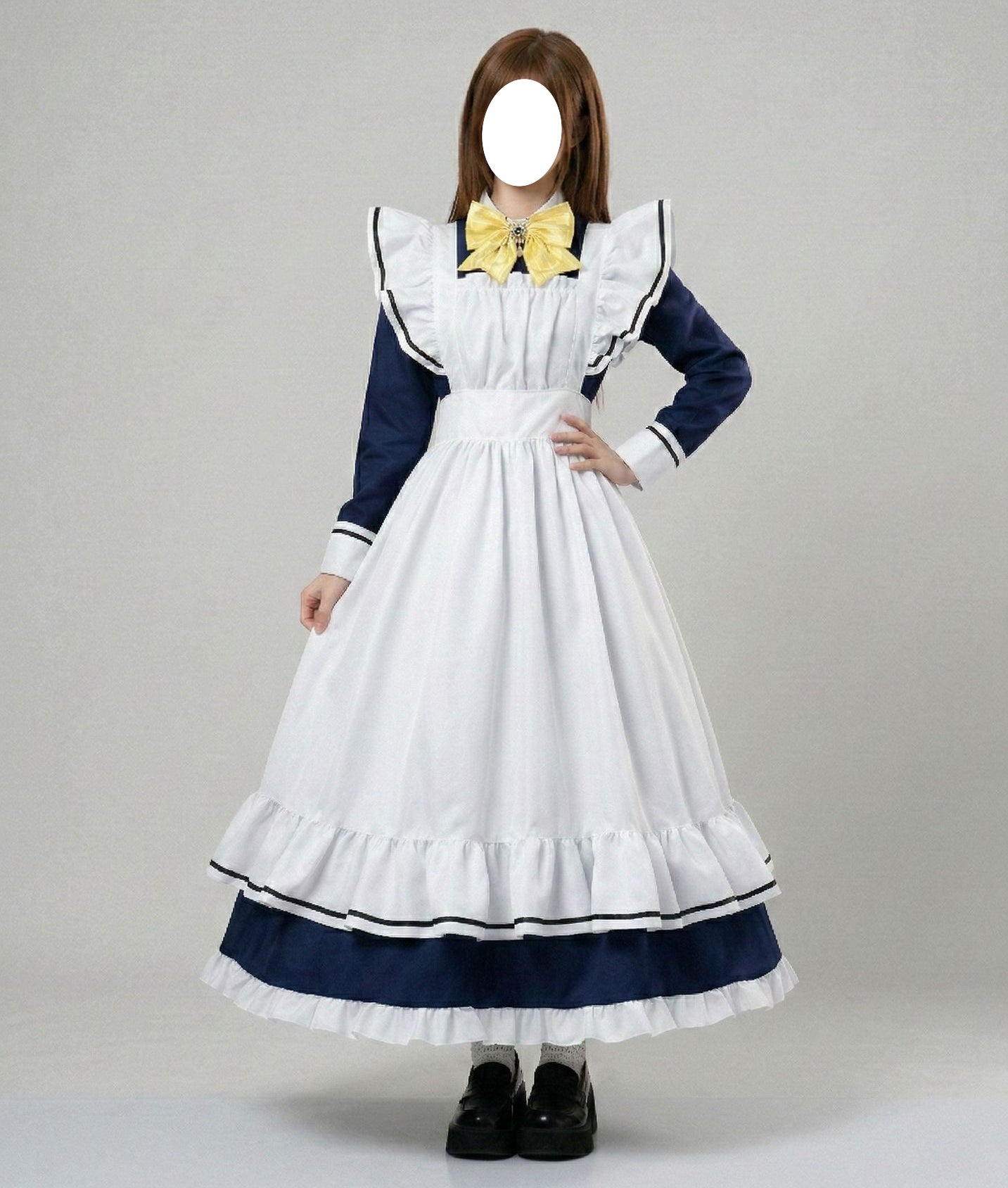 full front model shot navy long sleeve maid dress white ruffle apron yellow bow shiki natsume anime cosplay costume