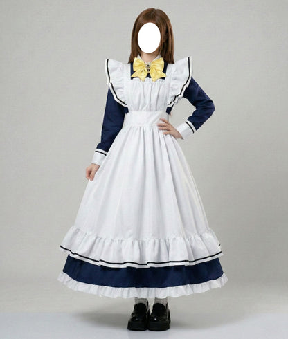 full front model shot navy long sleeve maid dress white ruffle apron yellow bow shiki natsume anime cosplay costume