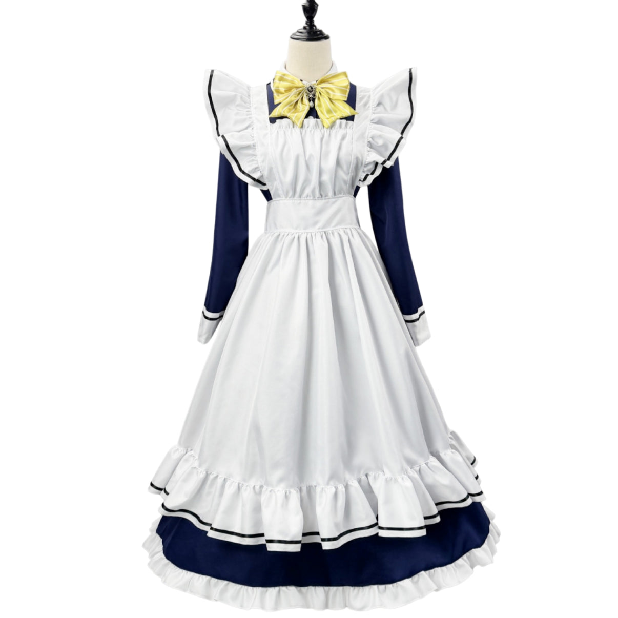 mannequin full front view navy long sleeve maid uniform layered ruffle apron yellow striped bow shiki natsume cosplay