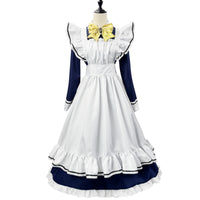 mannequin full front view navy long sleeve maid uniform layered ruffle apron yellow striped bow shiki natsume cosplay