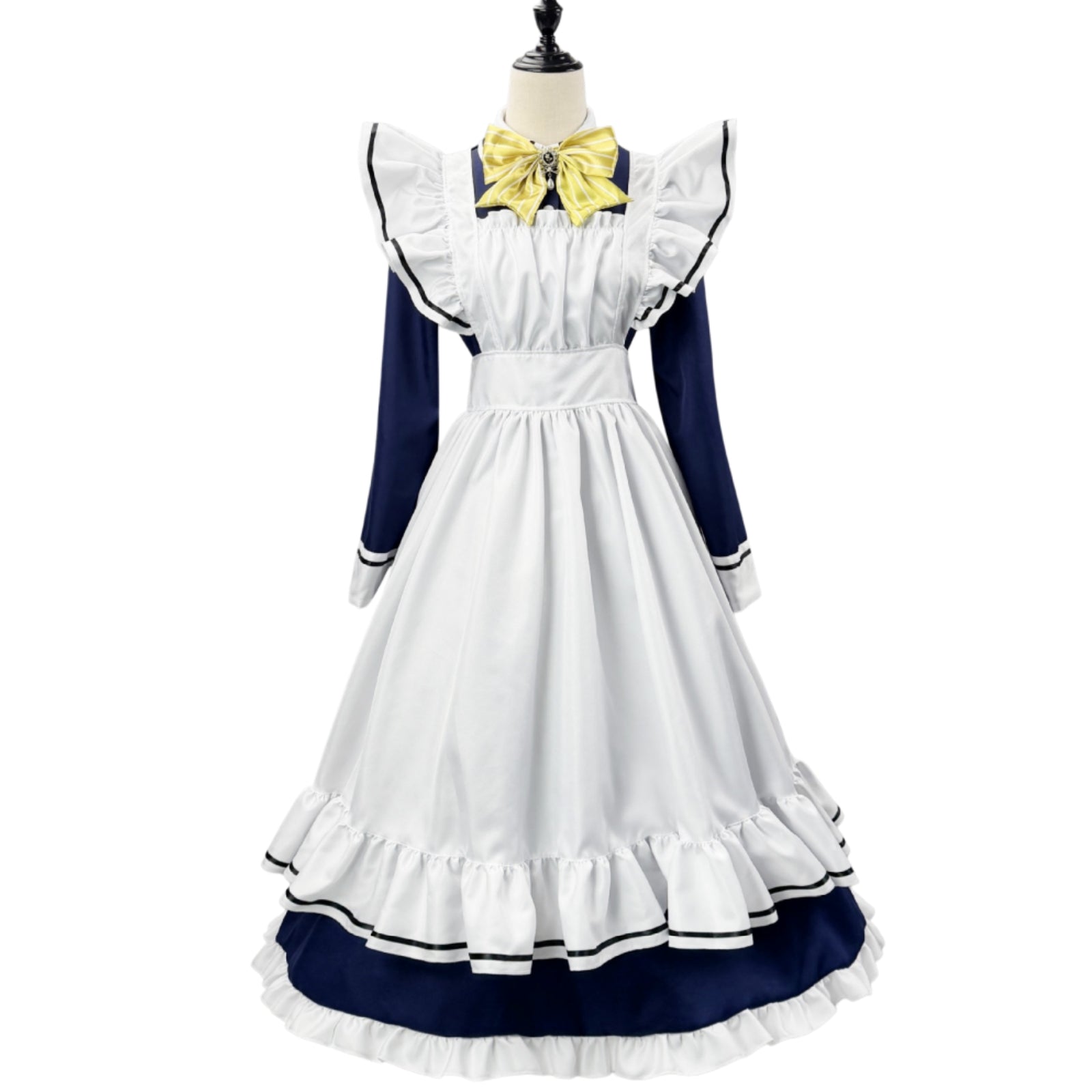 mannequin full front view navy long sleeve maid uniform layered ruffle apron yellow striped bow shiki natsume cosplay