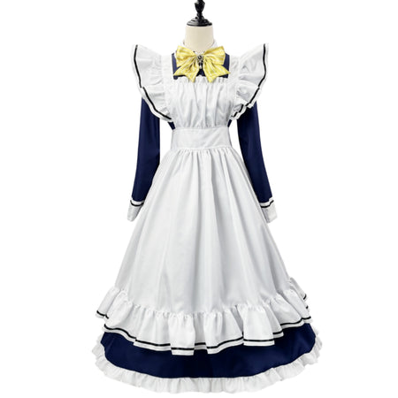 mannequin full front view navy long sleeve maid uniform layered ruffle apron yellow striped bow shiki natsume cosplay