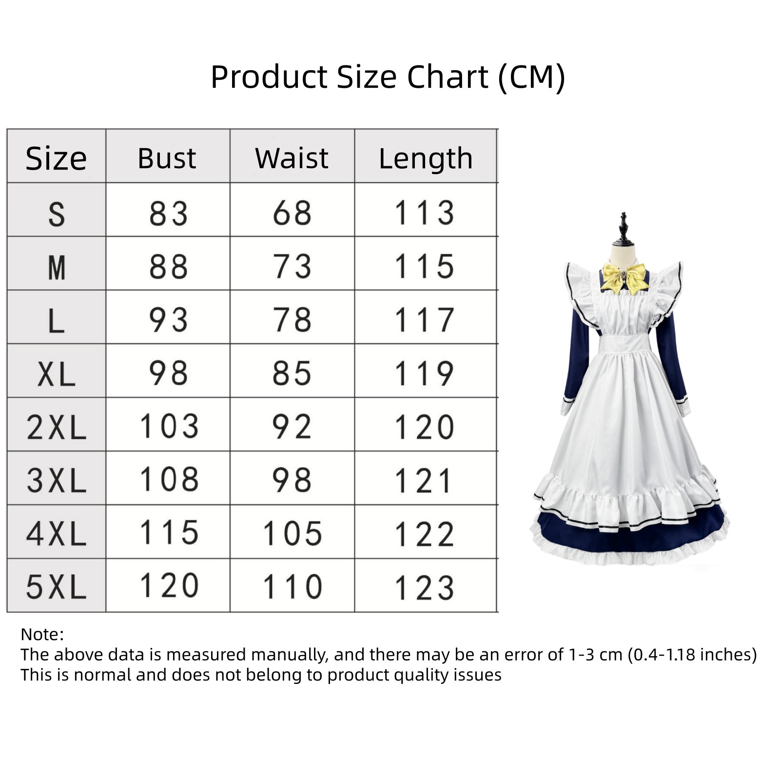 size chart in cm for shiki natsume long maid cosplay dress bust waist length size s to 5xl with mannequin preview