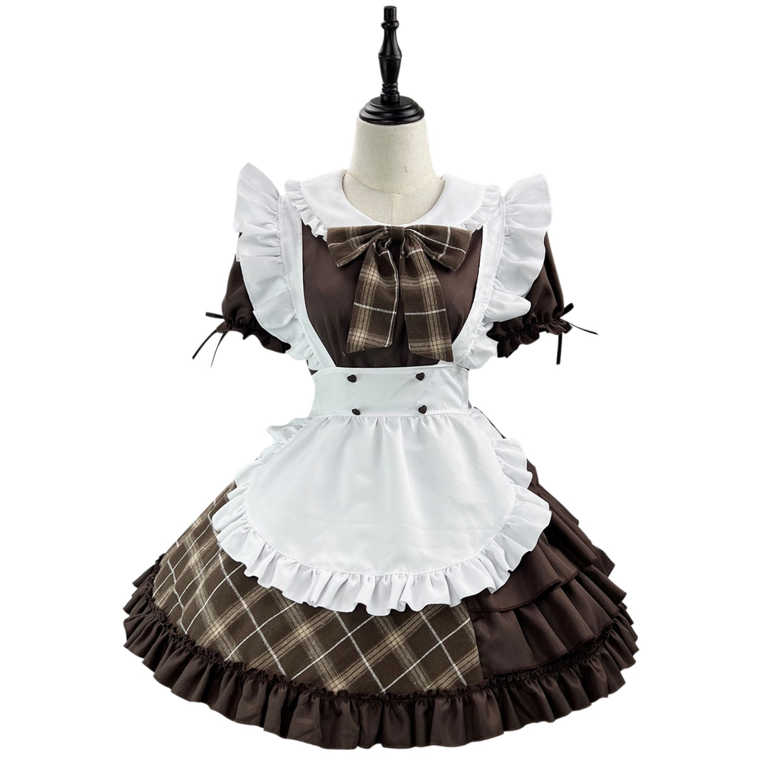 sleeveless ruffle plaid maid dress white frill apron bow detail vintage detective costume inner dress