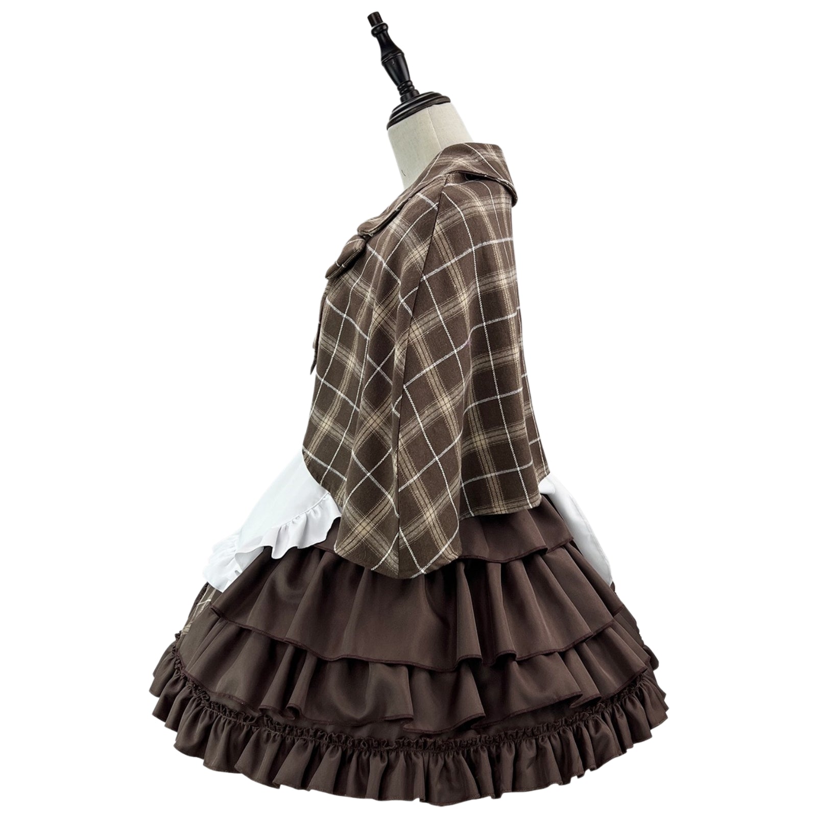 side view retro plaid maid dress ruffle apron layered hem vintage detective cos outfit detail