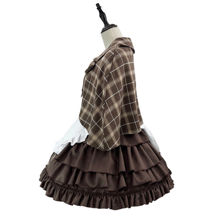 side view retro plaid maid dress ruffle apron layered hem vintage detective cos outfit detail