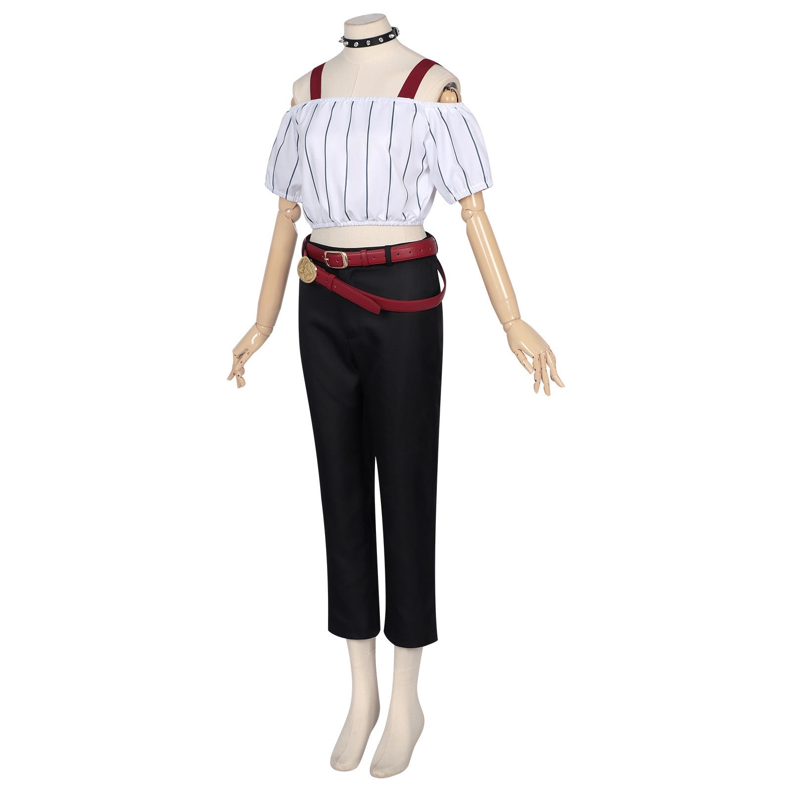 side view kirara hoshi anime cosplay outfit off shoulder top cropped trousers