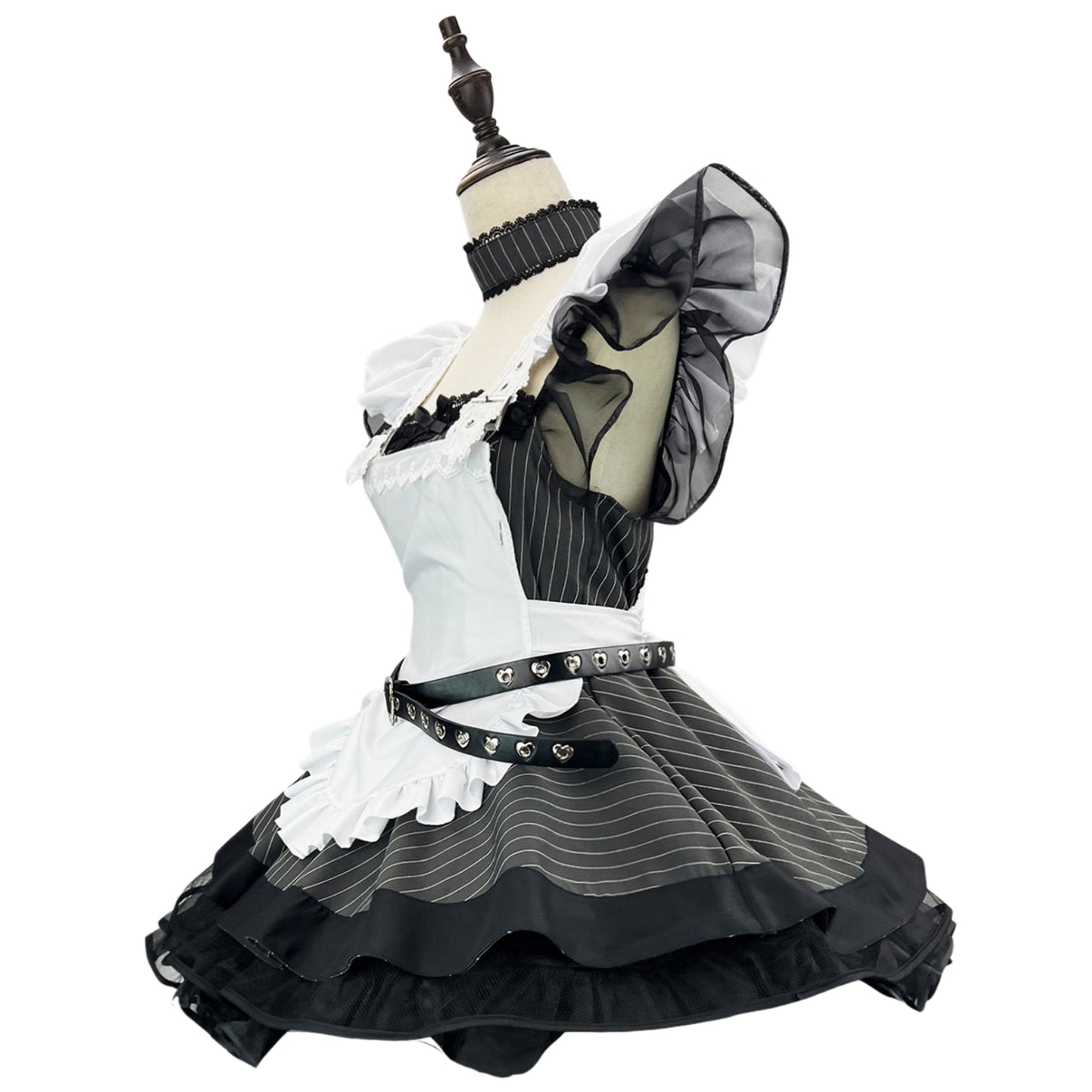 side angle striped goth maid dress layered tulle hem frill shoulder sleeve heart stud waist belt