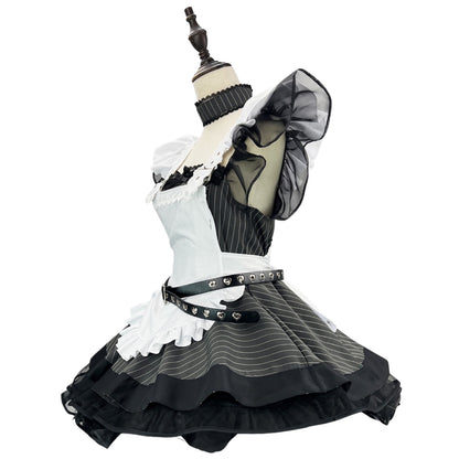 side angle striped goth maid dress layered tulle hem frill shoulder sleeve heart stud waist belt