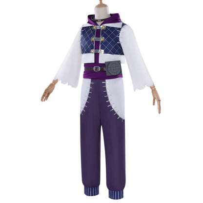 side angle wood mannequin shot jabber gachiakuta cosplay cropped grid vest purple hood inner top color block stitched harem pants
