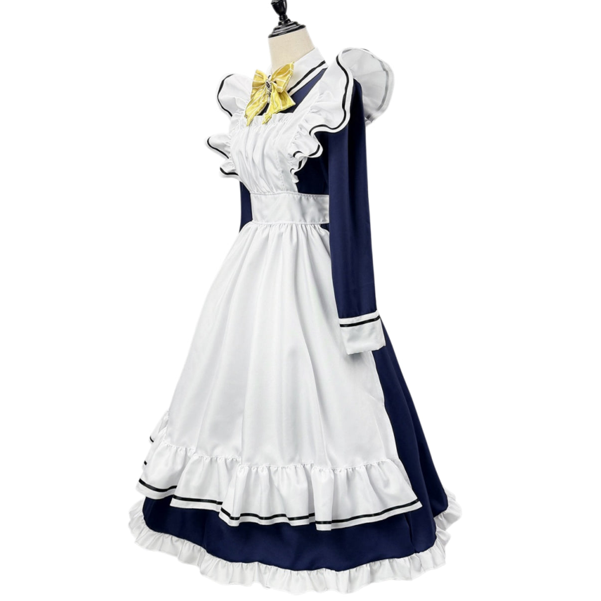 side mannequin shot navy long sleeve maid dress layered white frill apron yellow bow shiki natsume anime outfit