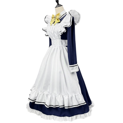 side mannequin shot navy long sleeve maid dress layered white frill apron yellow bow shiki natsume anime outfit