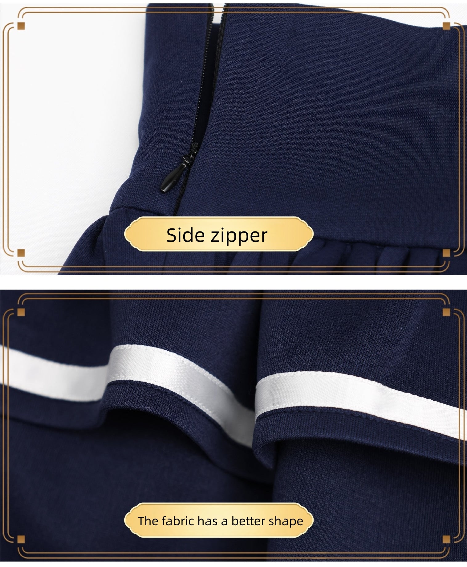 close up skirt side zipper thick shape keeping navy fabric white striped hem