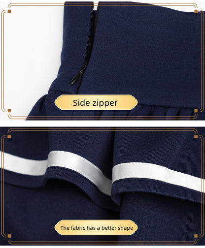 close up skirt side zipper thick shape keeping navy fabric white striped hem