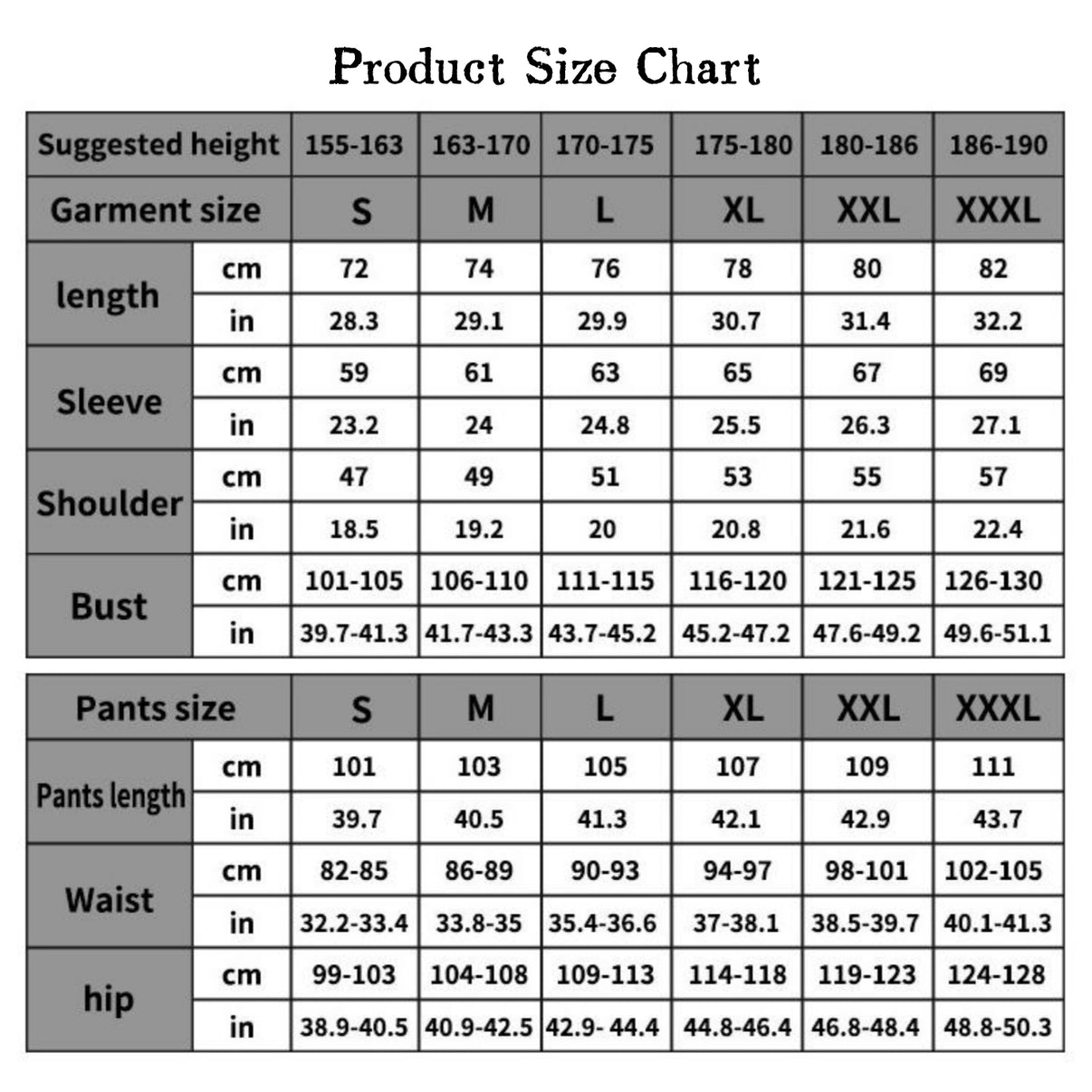 size chart for anime demon kokushibou cosplay kimono costume, size data for jacket and hakama pants