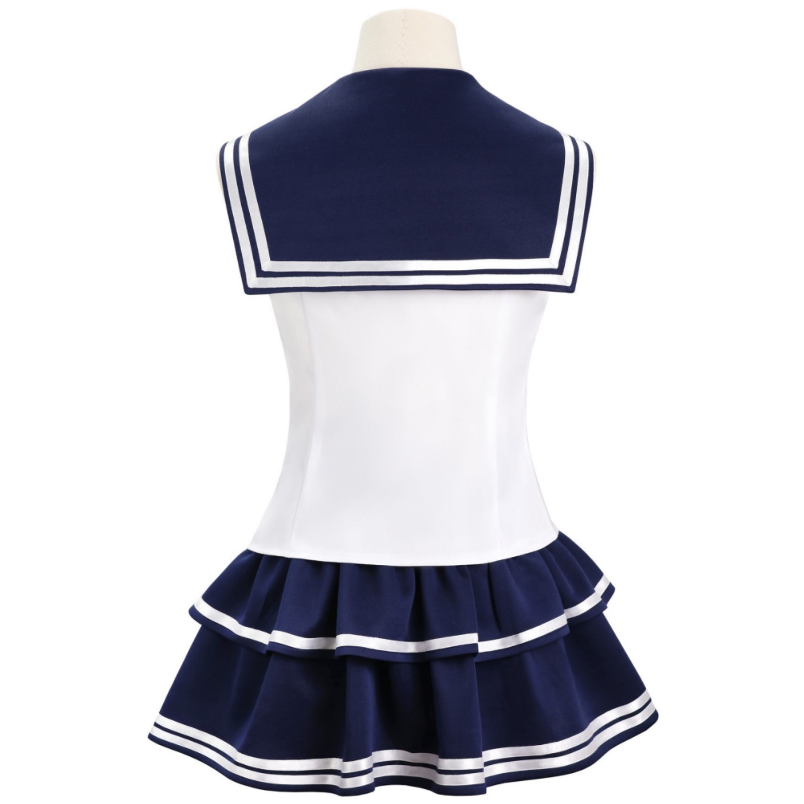 back shot of navy striped sailor collar sleeveless top double tier mini skirt cosplay uniform