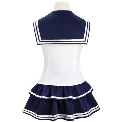 back shot of navy striped sailor collar sleeveless top double tier mini skirt cosplay uniform