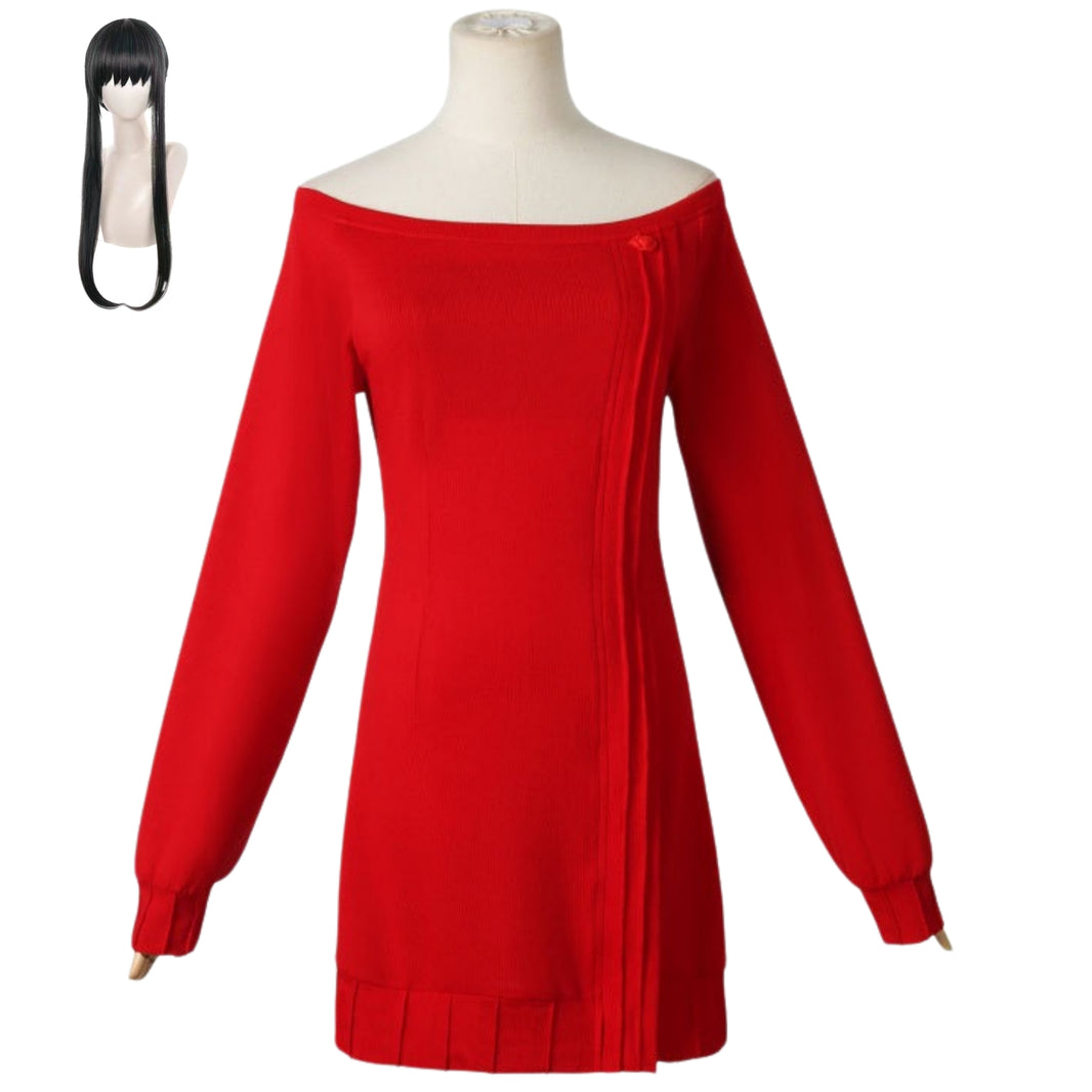 yor cosplay costume red sweater dress matching black bang long wig set