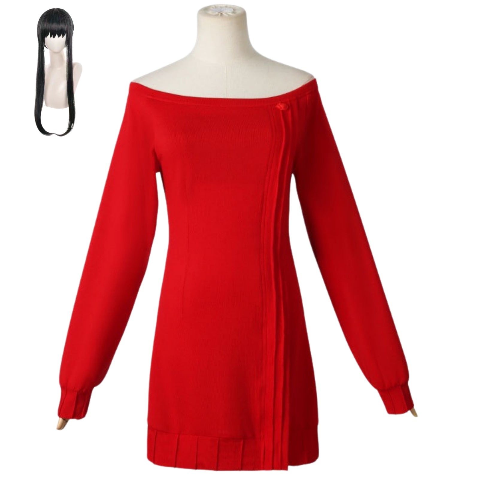 yor cosplay costume red sweater dress matching black bang long wig set
