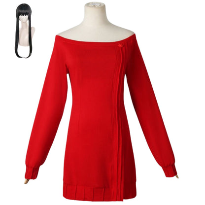 yor cosplay costume red sweater dress matching black bang long wig set