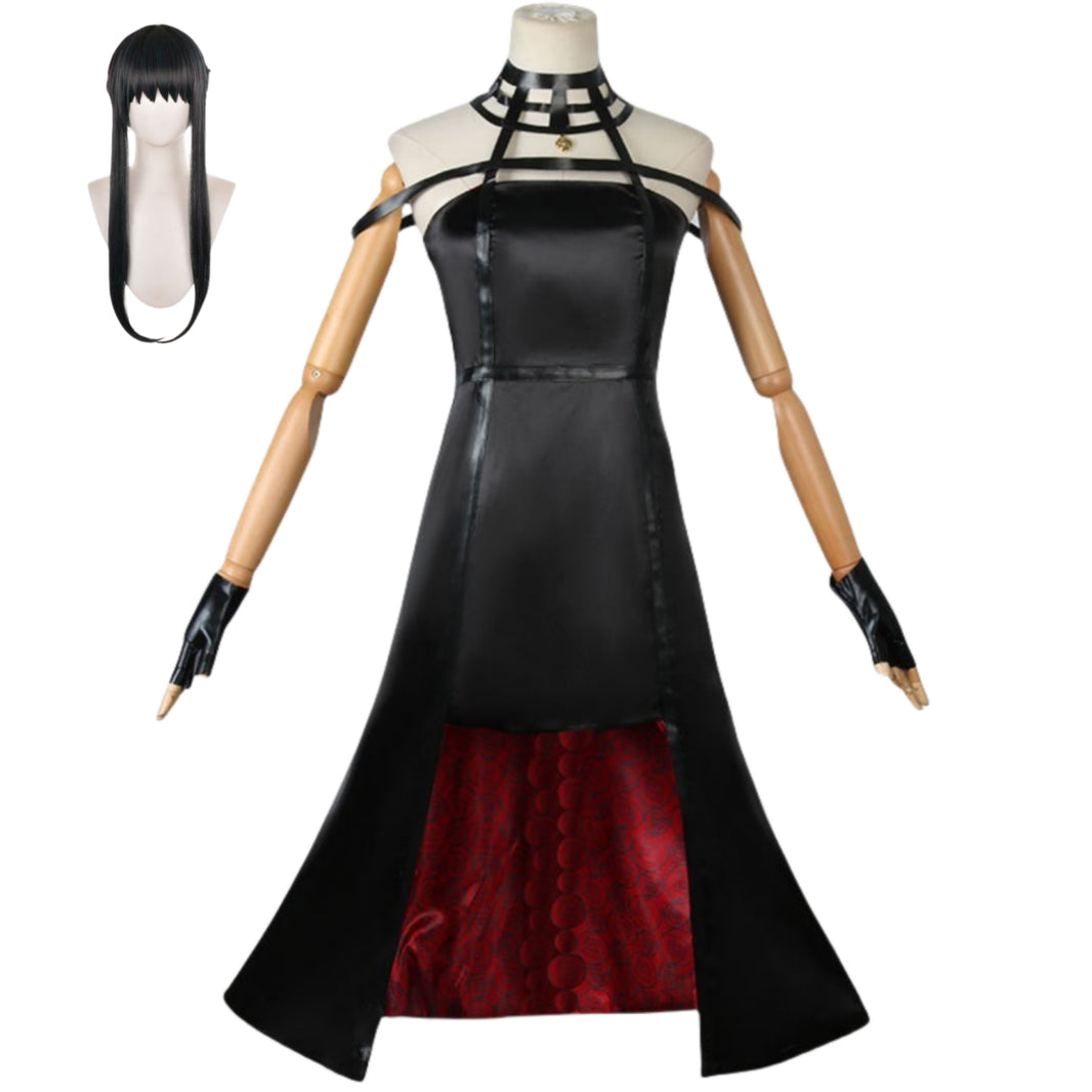 spy x family yor forger thorn princess cosplay full outfit black satin dress with long black straight wig anime party suit