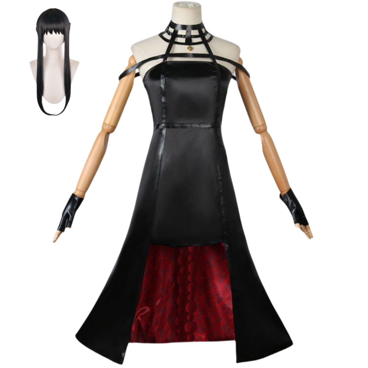 spy x family yor forger thorn princess cosplay full outfit black satin dress with long black straight wig anime party suit