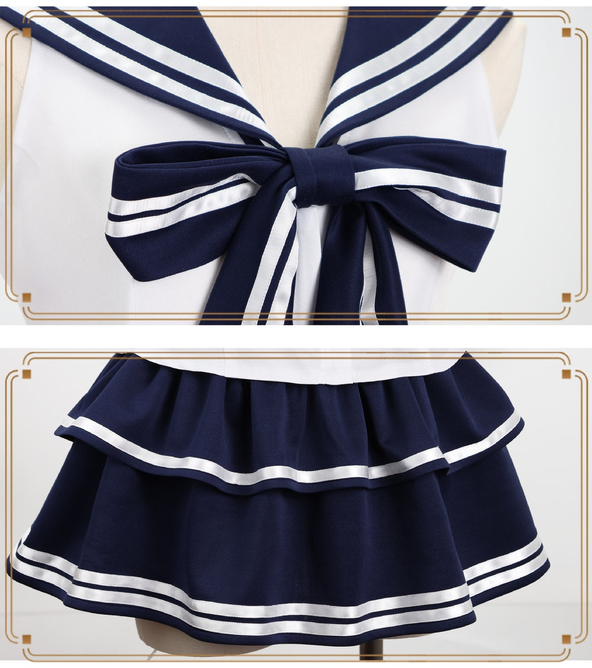 close up of navy white striped big bow and double layer tiered sailor skirt
