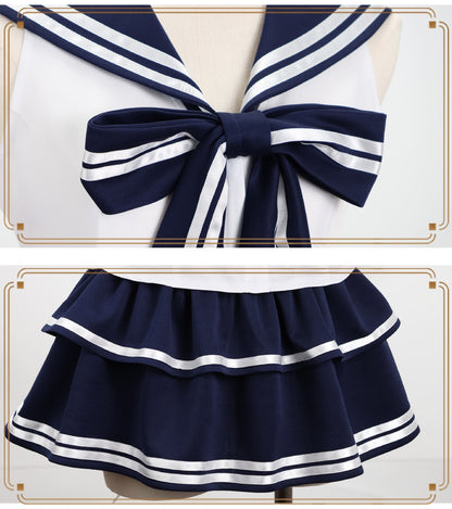 close up of navy white striped big bow and double layer tiered sailor skirt