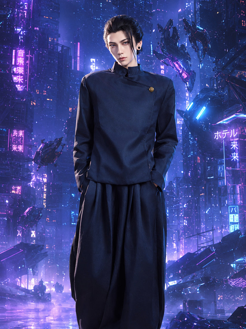 jujutsu kaisen suguru geto dark blue retro chinese style cosplay suit, anime male costume full set, cyberpunk neon city background