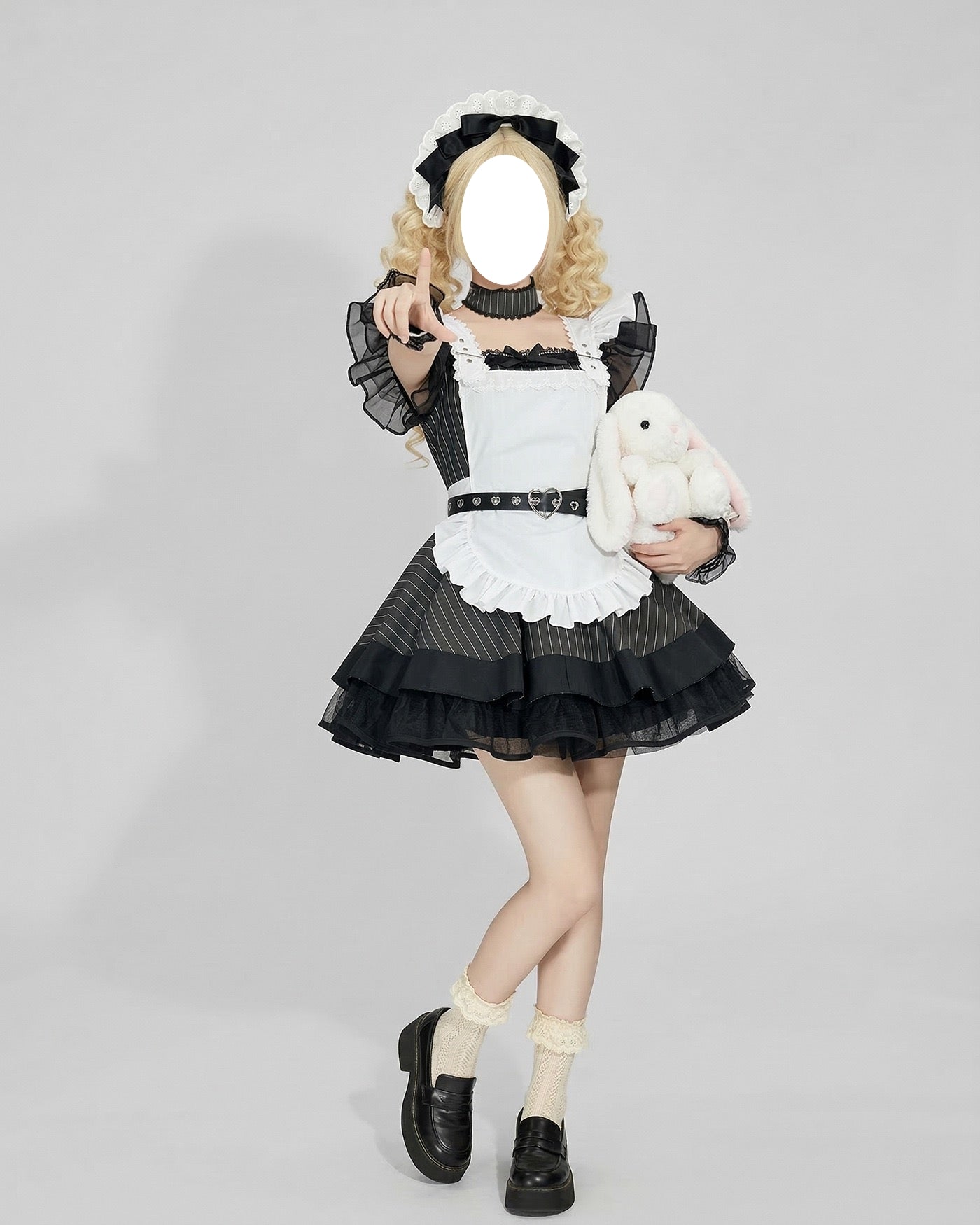 blonde girl kawaii goth maid outfit frill sleeve maid headpiece plush bunny anime cosplay dress
