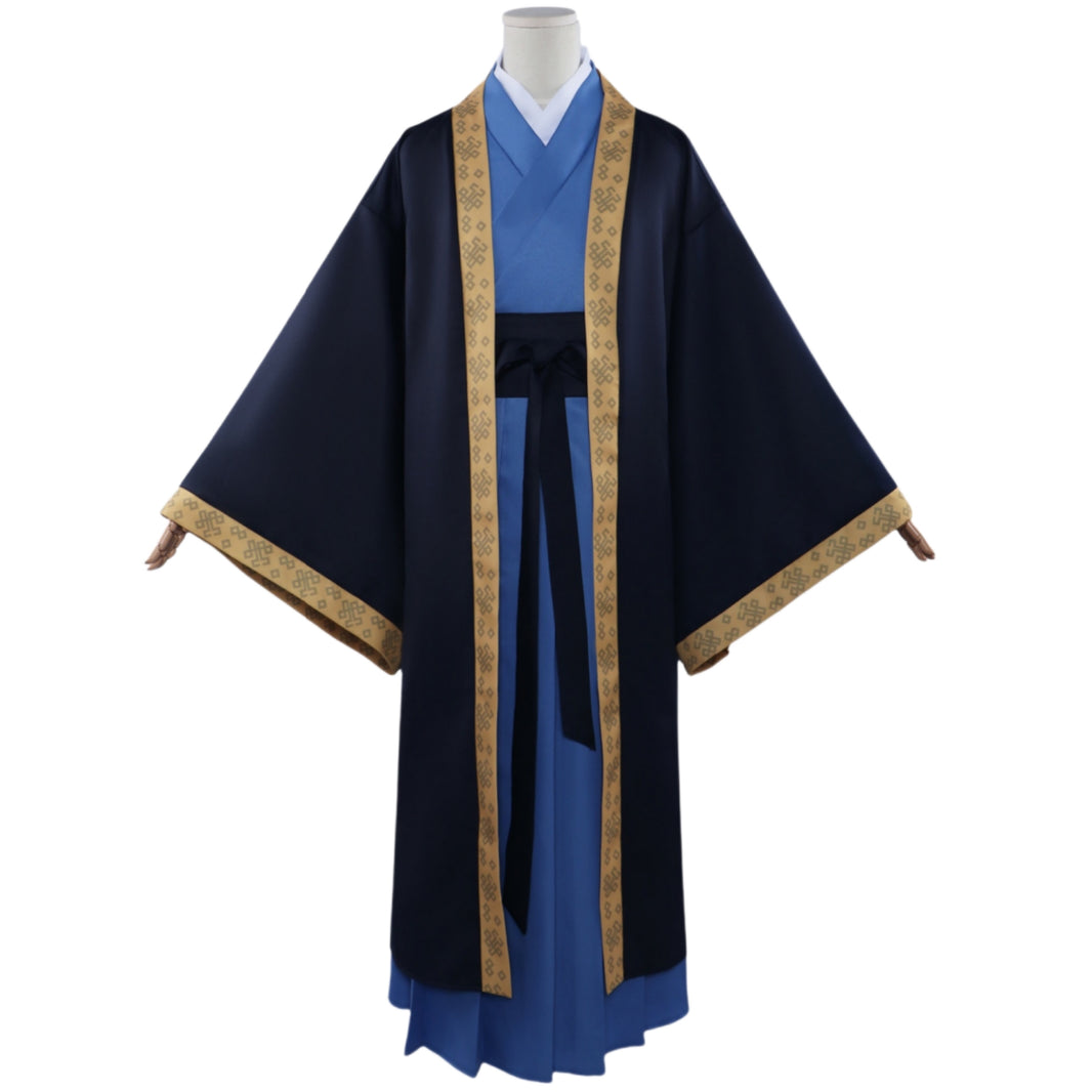 the apothecary diaries jinshi cosplay hanfu black gold trim outer robe blue inner dress anime costume