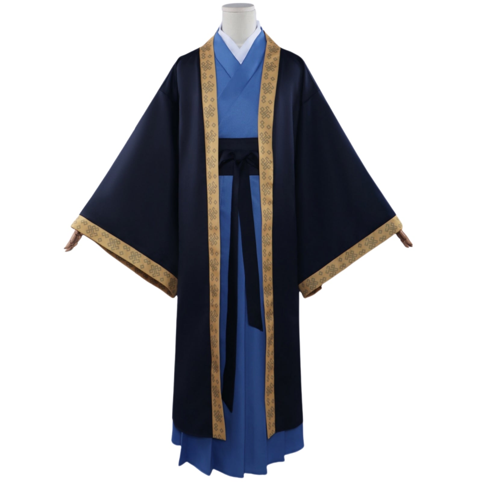 the apothecary diaries jinshi cosplay hanfu black gold trim outer robe blue inner dress anime costume