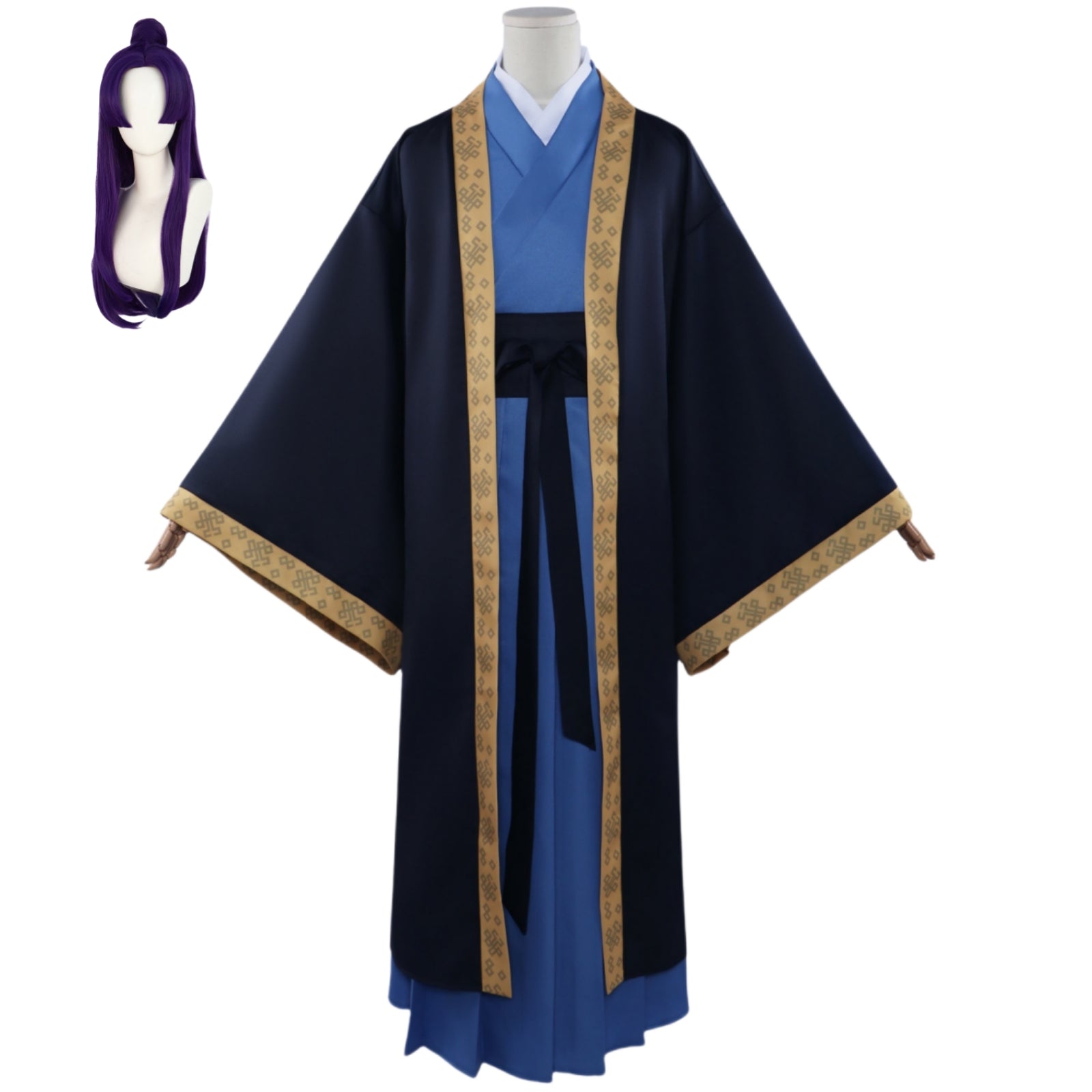 the apothecary diaries jinshi cosplay full hanfu outfit with purple bun wig black gold trim robe for cosplay party