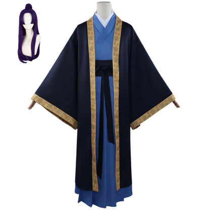 the apothecary diaries jinshi cosplay full hanfu outfit with purple bun wig black gold trim robe for cosplay party