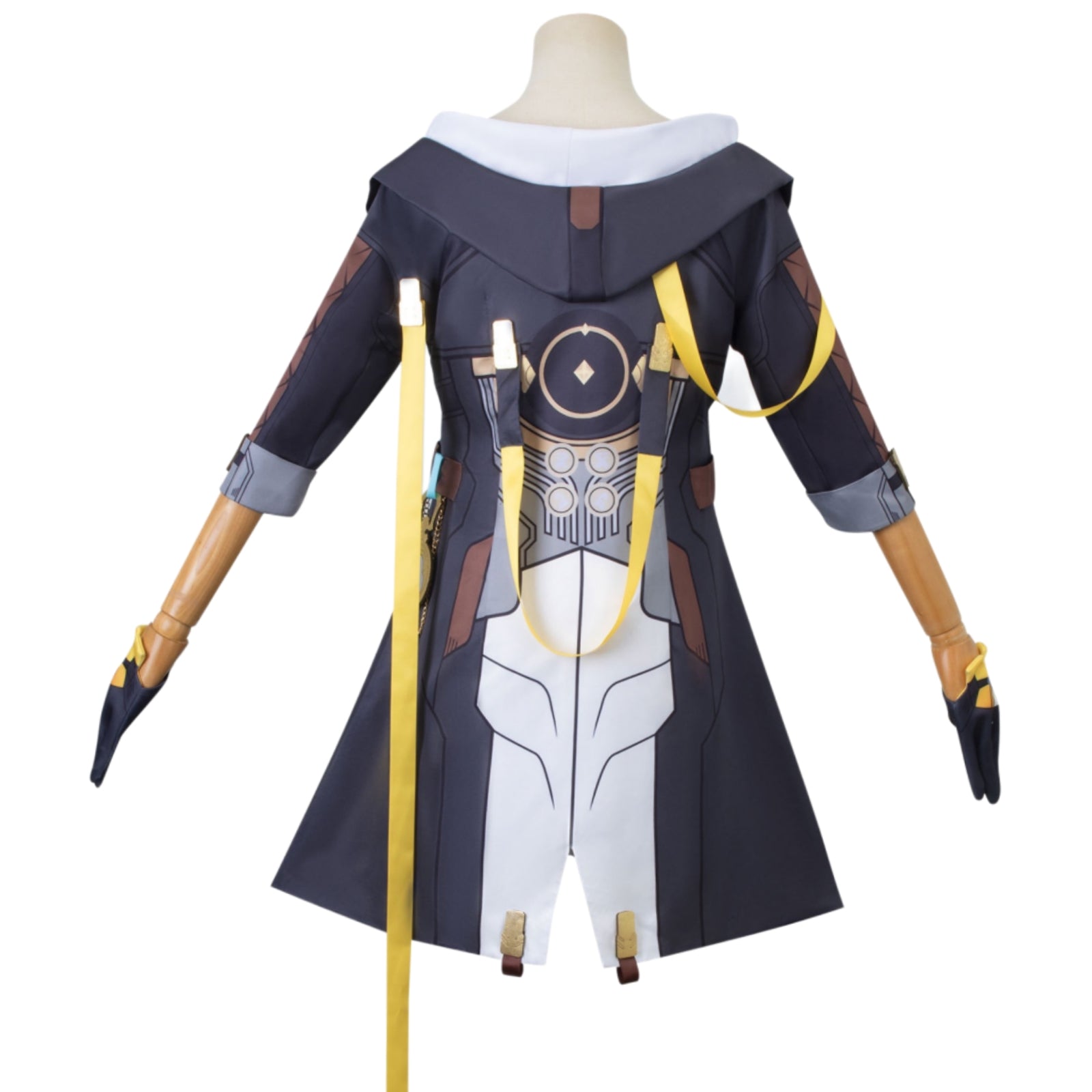 honkai star rail female trailblazer cosplay full back view coat yellow hanging ribbon print details