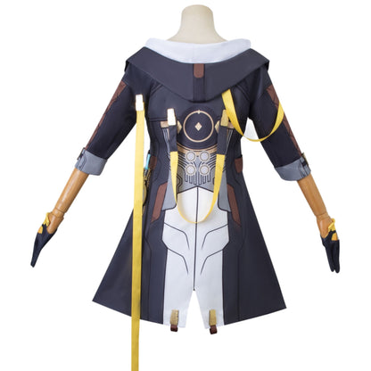 honkai star rail female trailblazer cosplay full back view coat yellow hanging ribbon print details