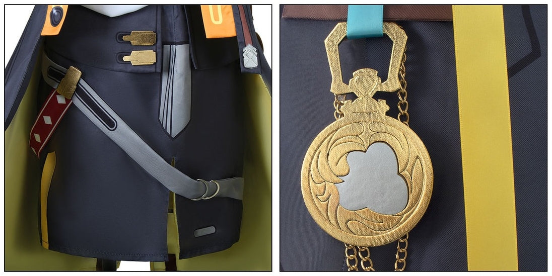 hsr female trailblazer cosplay skirt waist harness big golden pocket watch accessory closeup