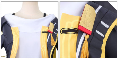 honkai star rail female trailblazer cos outfit neck decorative tag with golden tassel fabric print detail shot