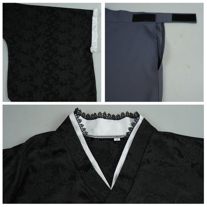 my dress-up darling kuroe shizuku costume floral jacquard kimono lace v-neck sleeve ruffle gray skirt velcro waistband