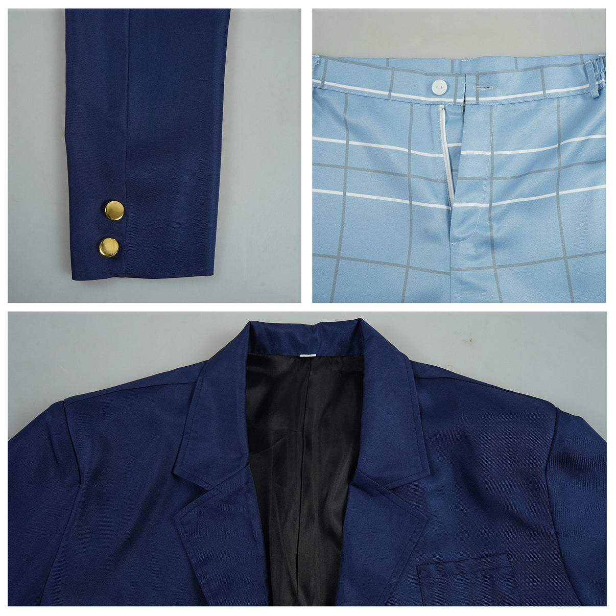 anime gojo wakana school suit gold cuff buttons blazer inner lining plaid pant zipper waist detail