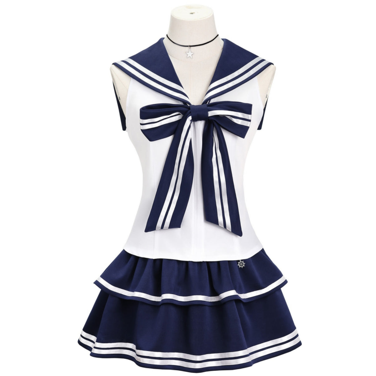 anime cosplay navy blue sleeveless sailor jk outfit big striped bow tiered mini skirt full set