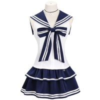 anime cosplay navy blue sleeveless sailor jk outfit big striped bow tiered mini skirt full set
